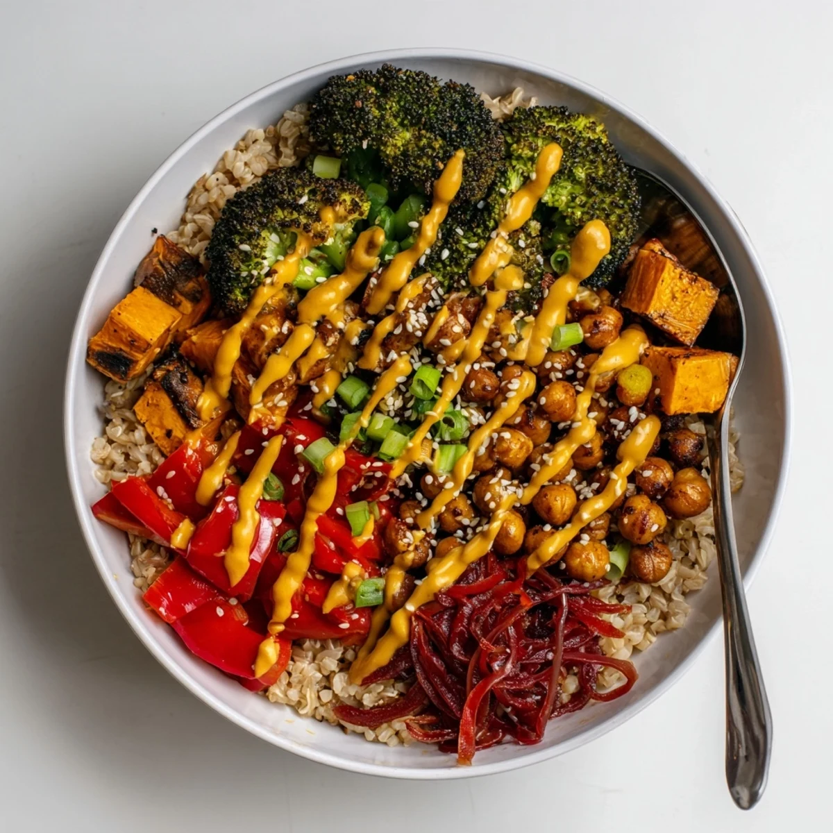 Colorful Bold Sauce Drizzle Bowls topped with miso-butter and roasted veggies.