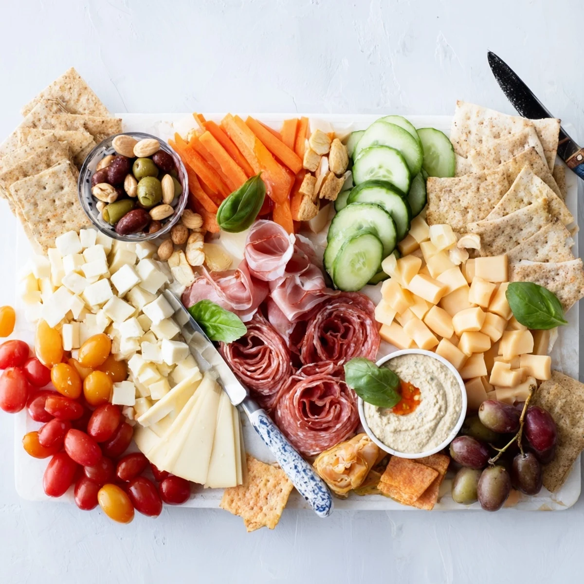 Colorful Girl Dinner Platter arranged with cheese, fruits, and vibrant dips.  