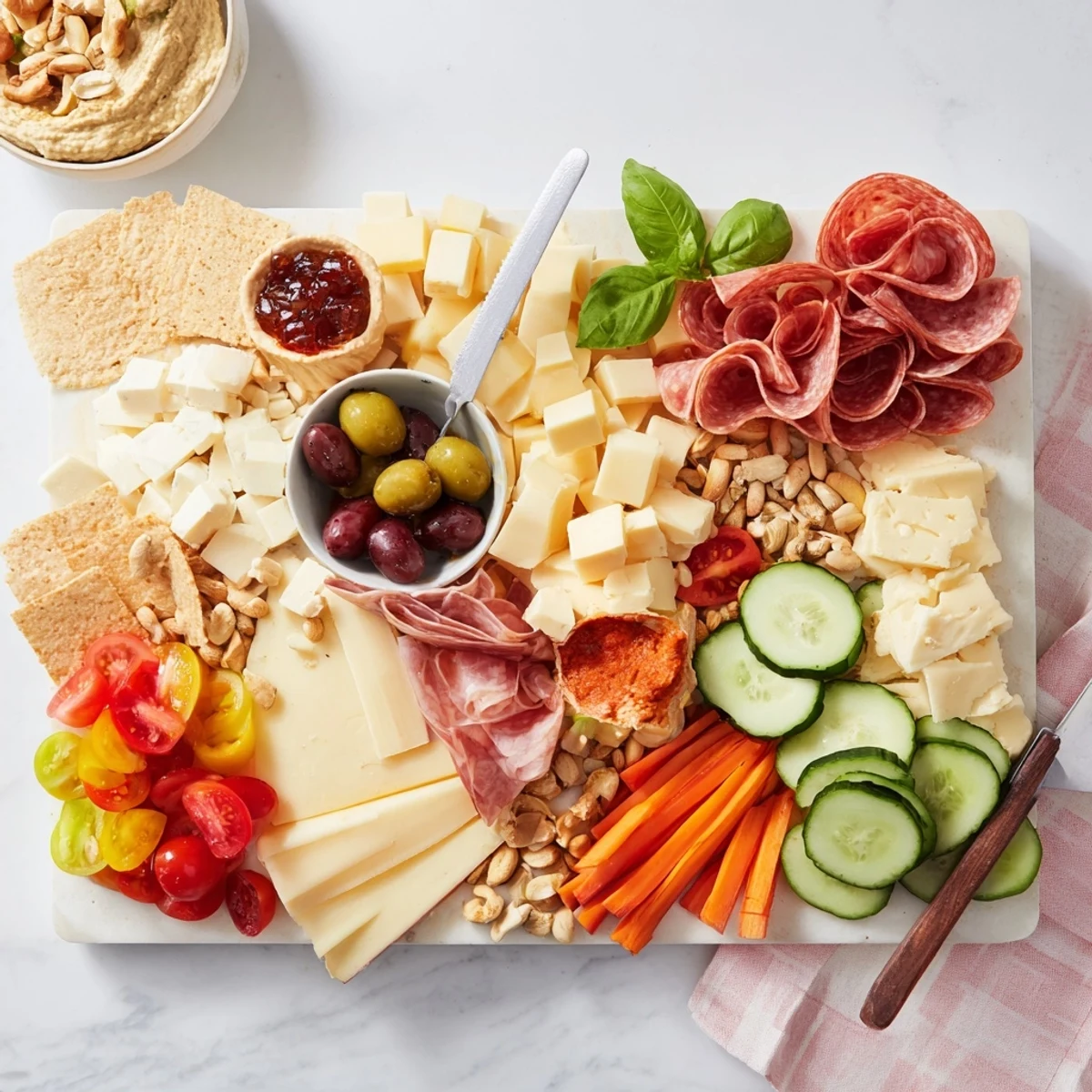 Delicious assortment on the Girl Dinner Platter showcases cheeses and fresh vegetables.  