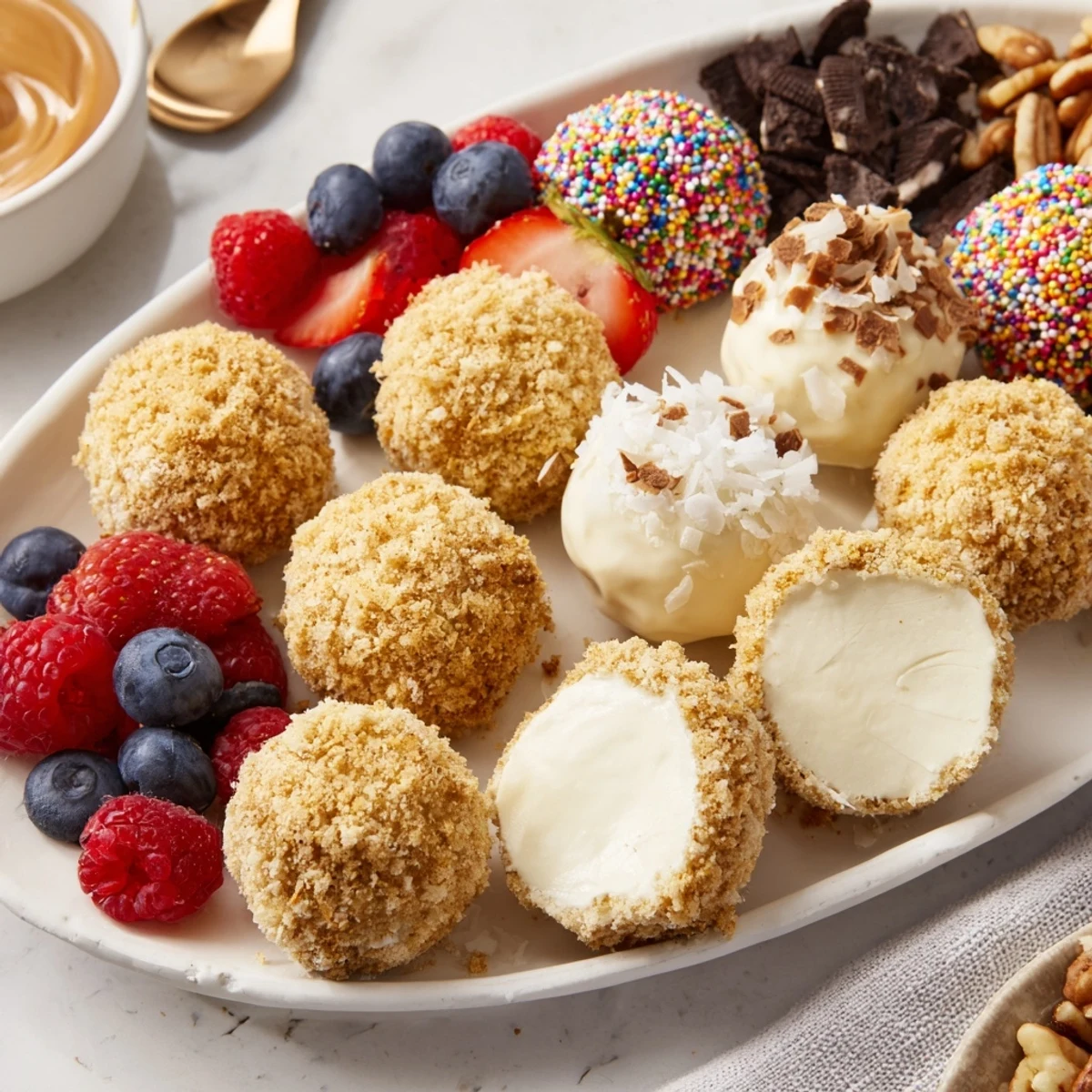 Colorful cheesecake bites on a dessert board, surrounded by luscious fruit and sauces.  