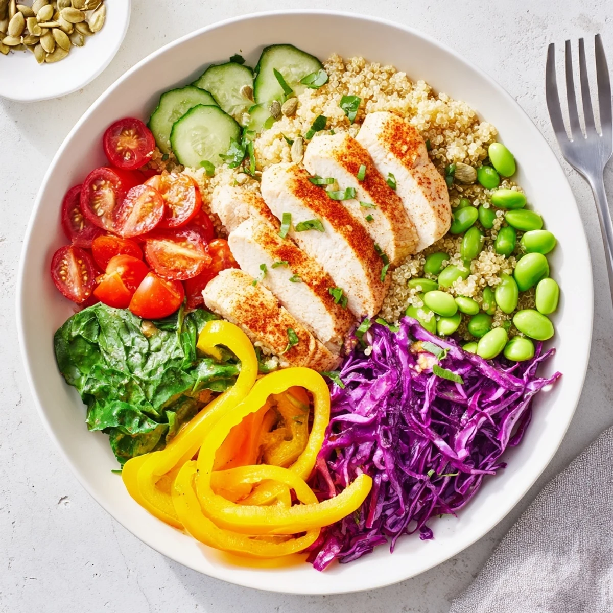 Nutrient-rich healthy meal-prep bowls topped with zesty dressing and crunchy pumpkin seeds.  