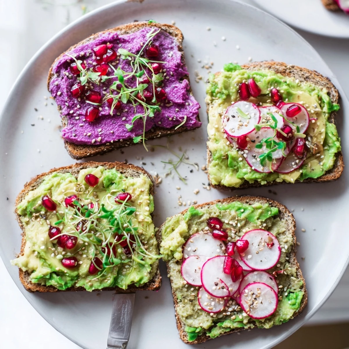 Vibrant Bright & Bold Breakfast Toasts topped with ube spread and fresh avocado slices.  