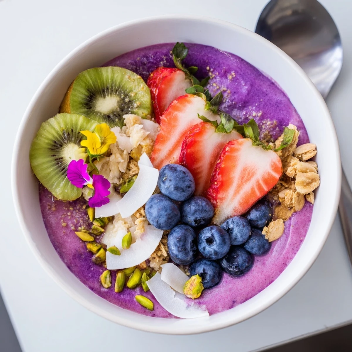 Colorful vibrant smoothie bowls topped with fresh fruits and crunchy granola delights.  