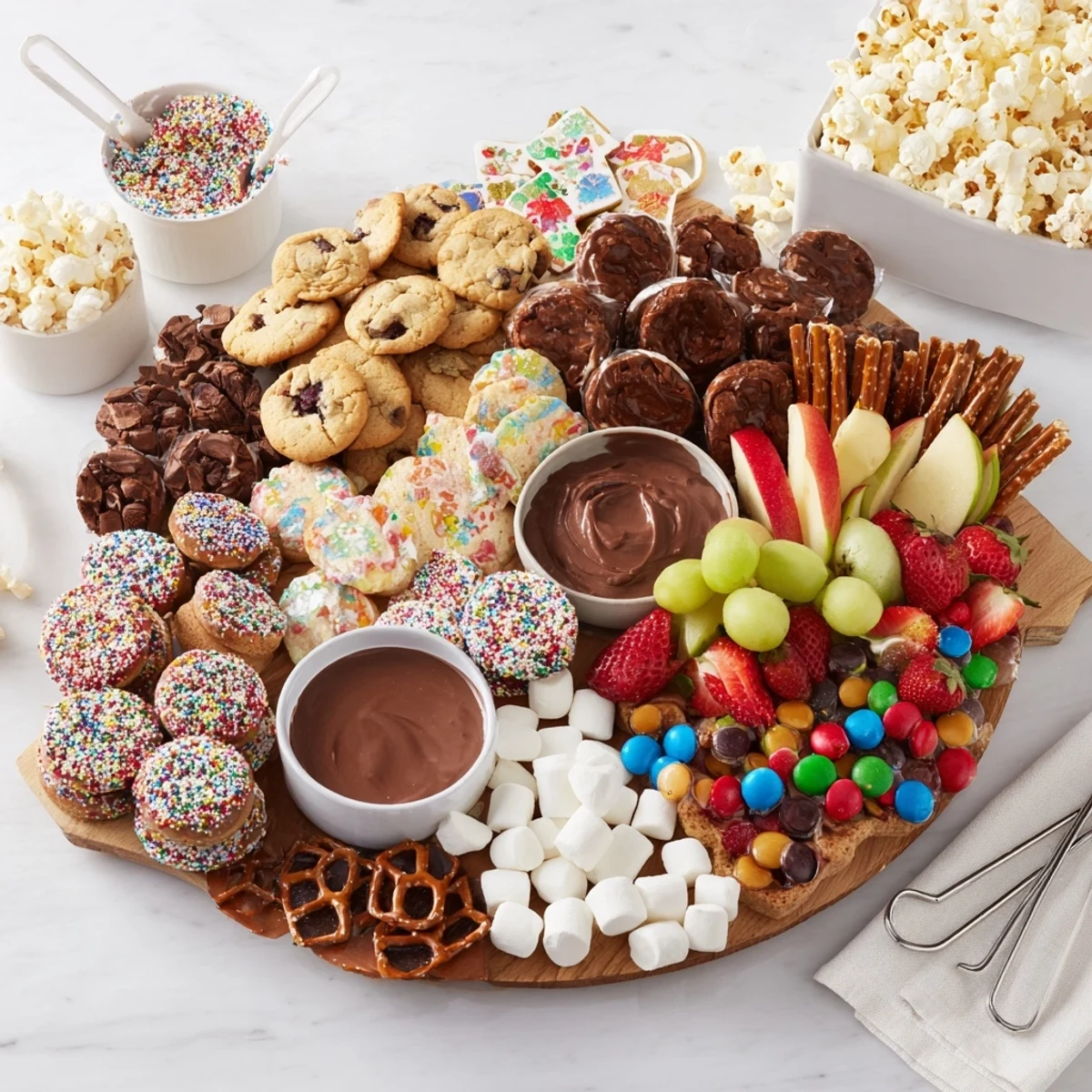 Colorful dessert board featuring sweet treats and fresh fruits for party sharing.  