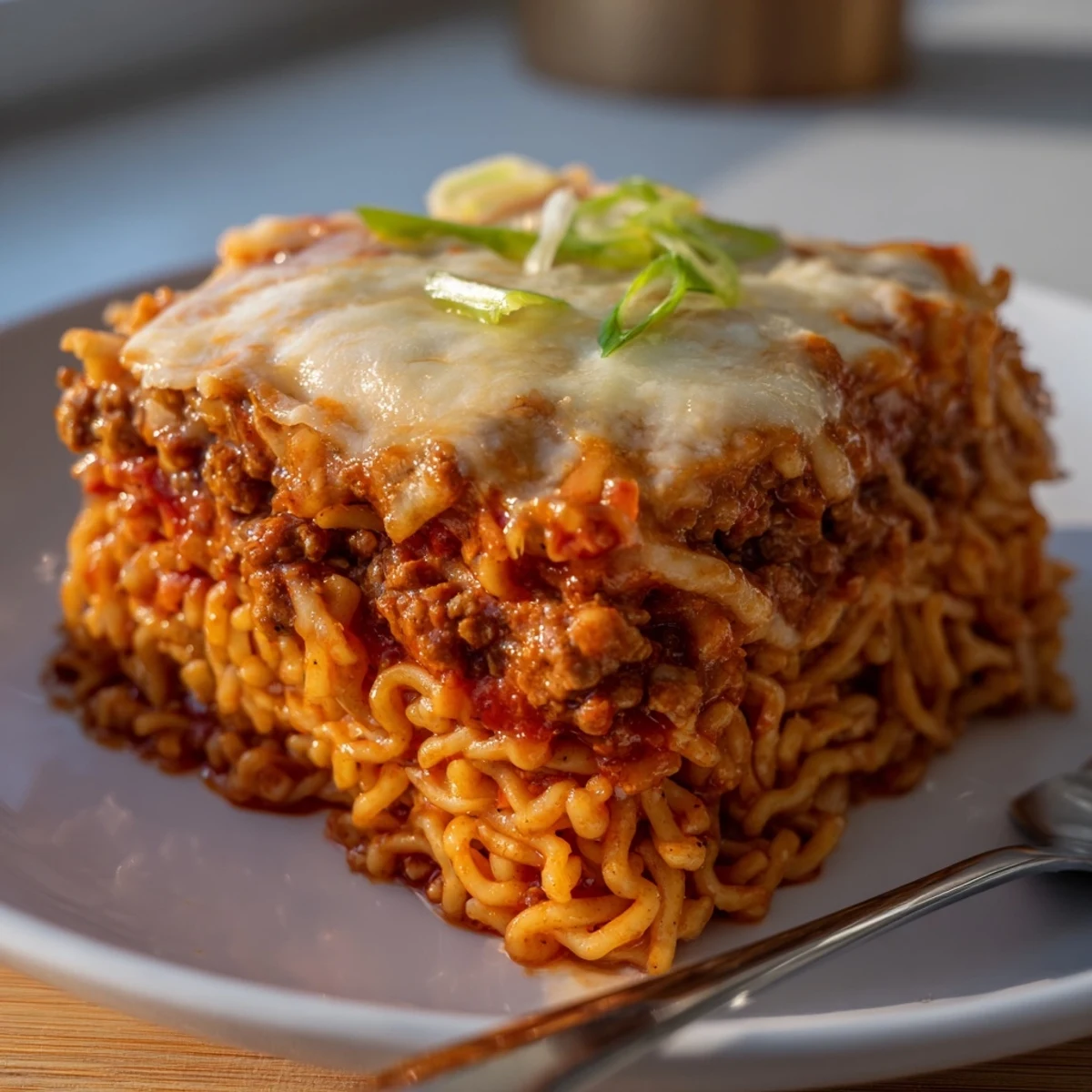 Bold and inventive Spicy Ramen Lasagna served hot, featuring rich tomato sauce and crispy edges.
