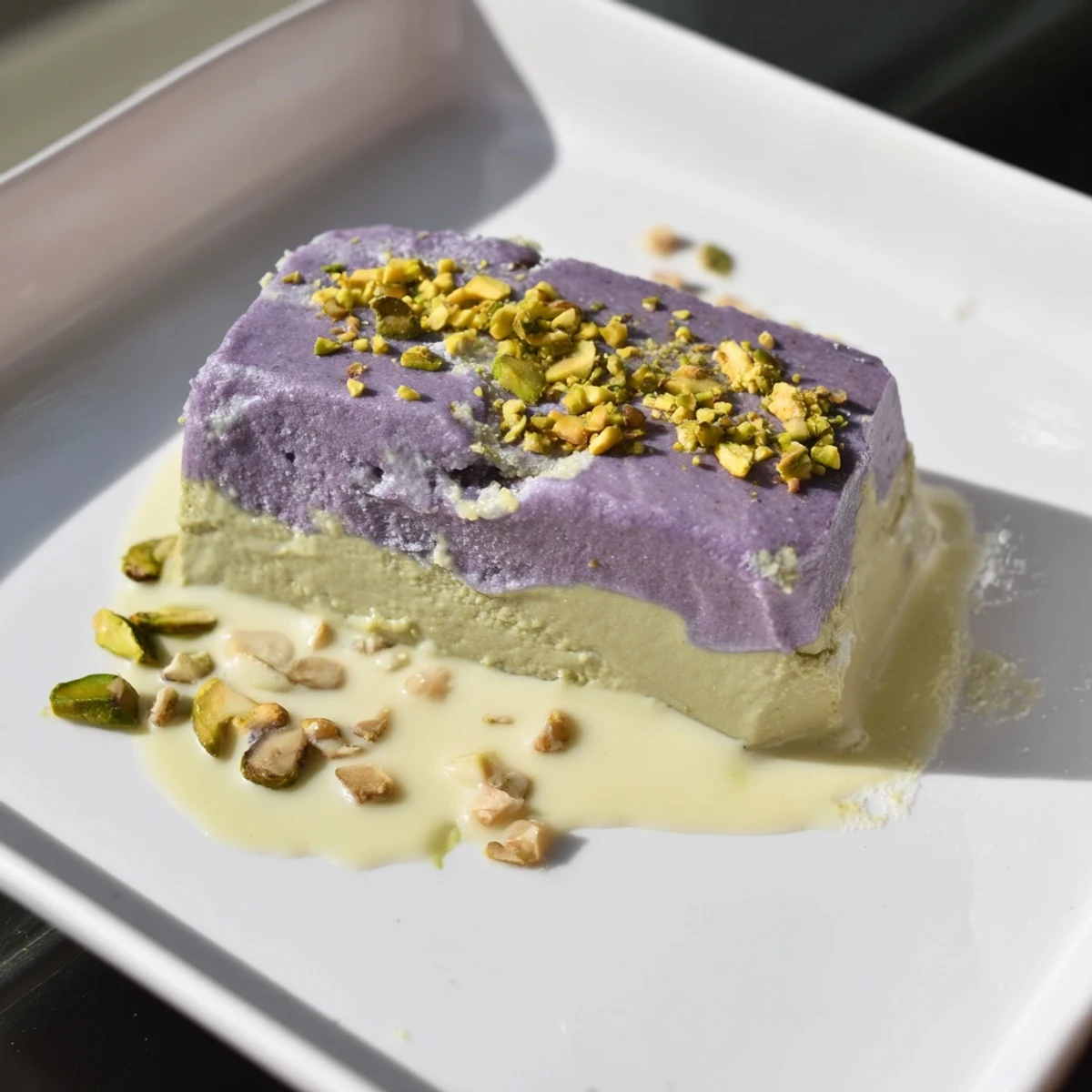 Vibrant ube and pistachio ice cream bars drizzled with sweetened condensed milk.  