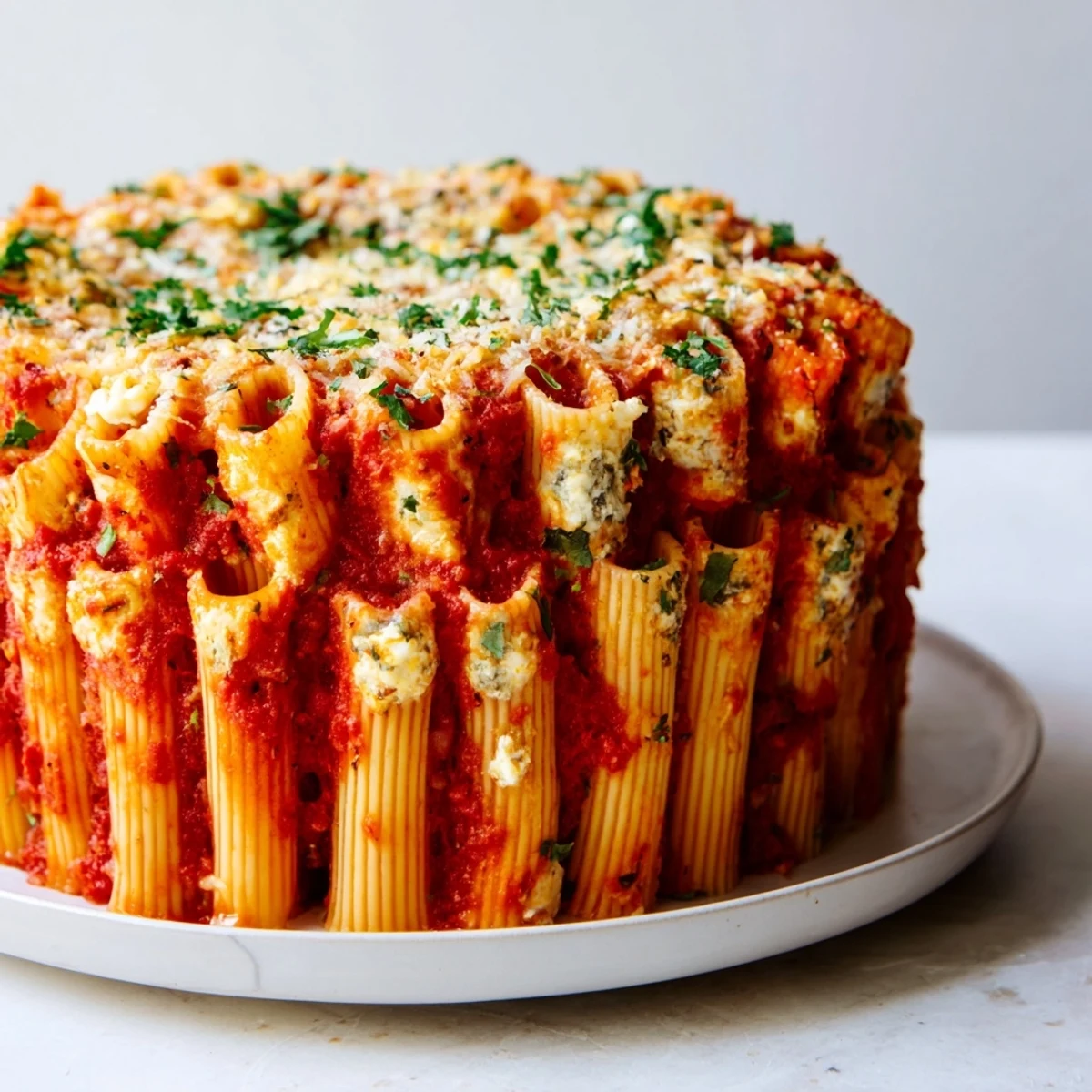 Delectable honeycomb pasta cake, filled with luscious ricotta and topped with bubbling mozzarella.