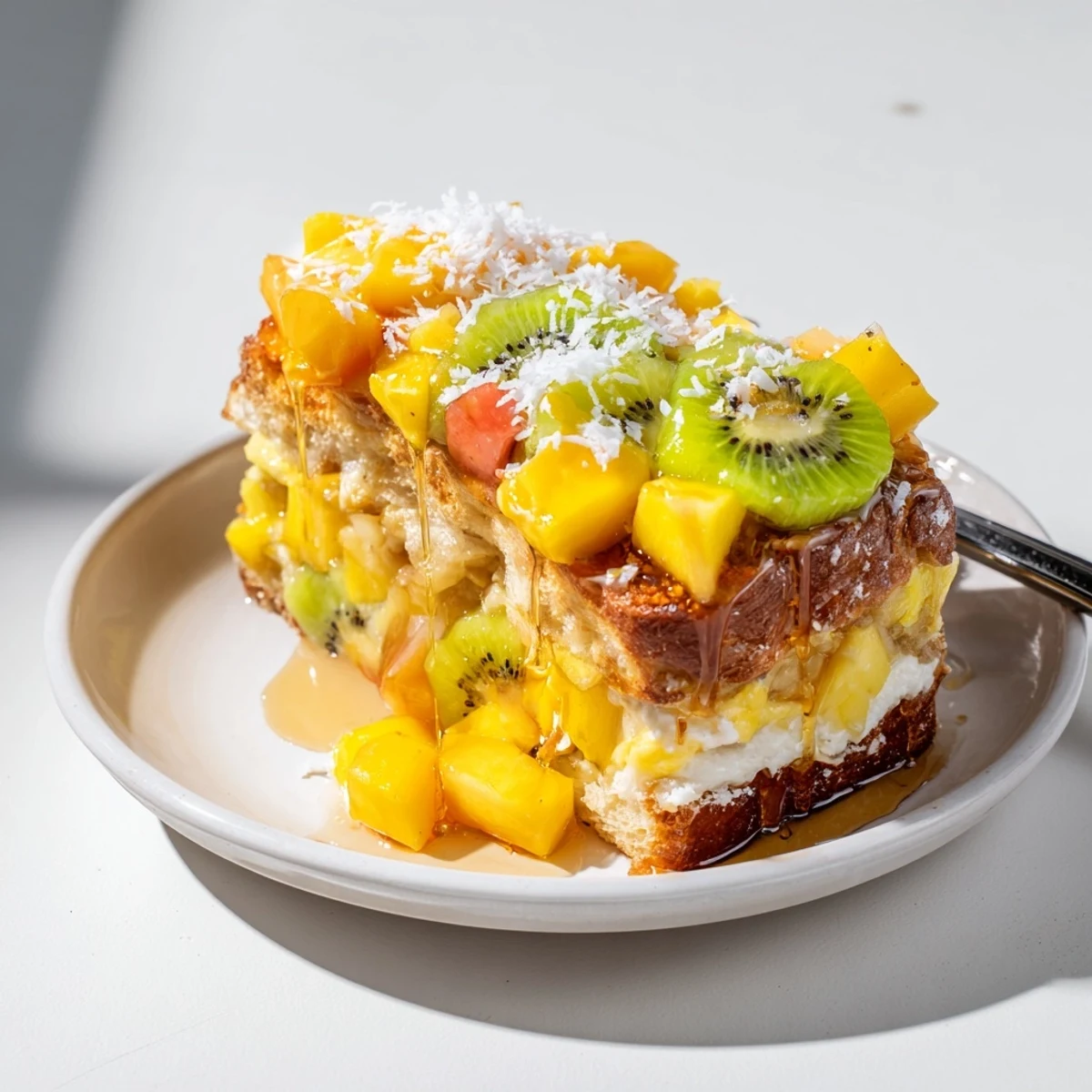 Coconut Yogurt-Custard Toast drizzled with honey and garnished with tropical fruits.