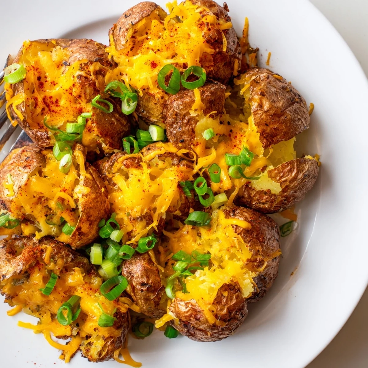 Golden smashed potatoes infused with green onions, perfect for sharing at any gathering.  