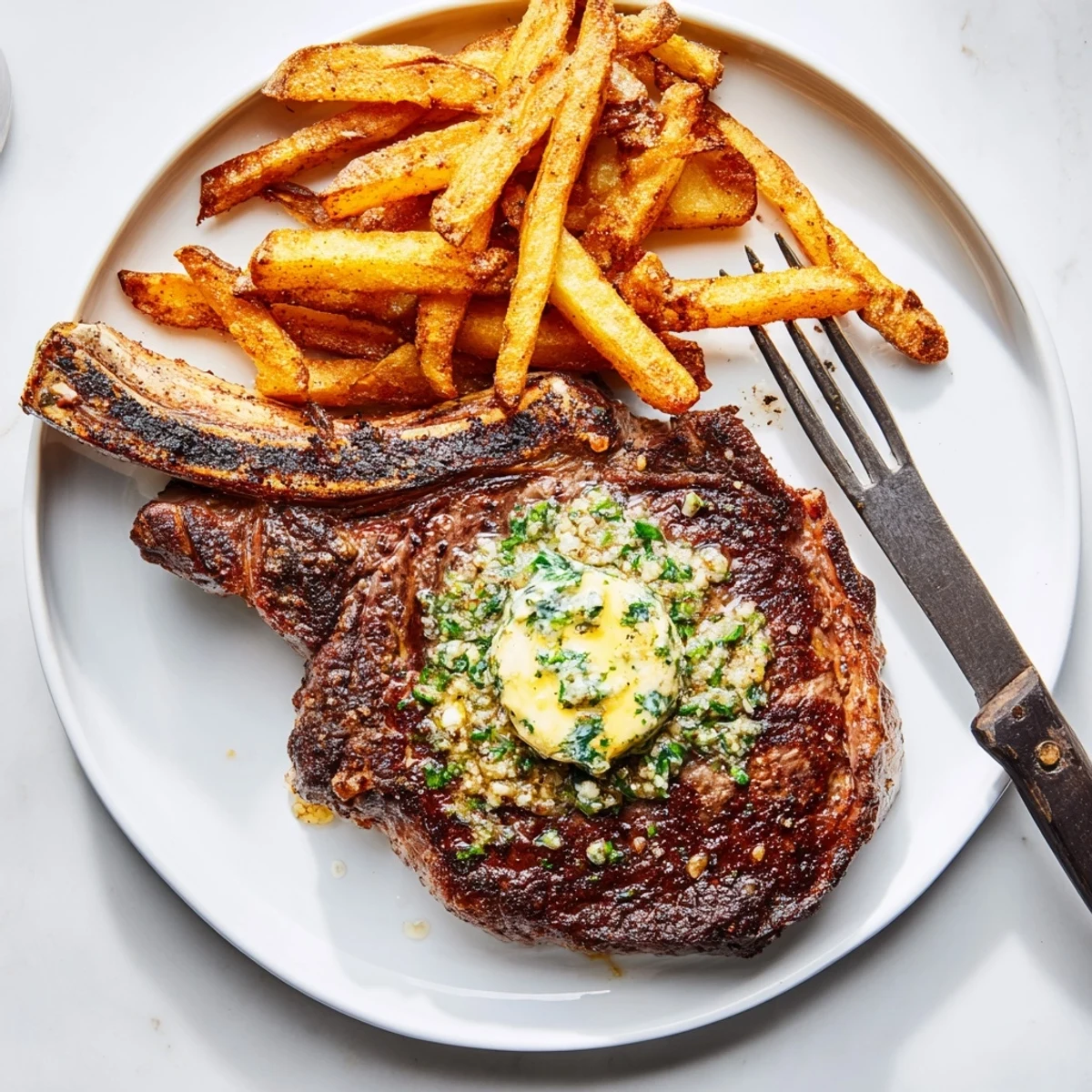 Perfectly seared garlic butter steak served with crispy golden fries for dinner.  