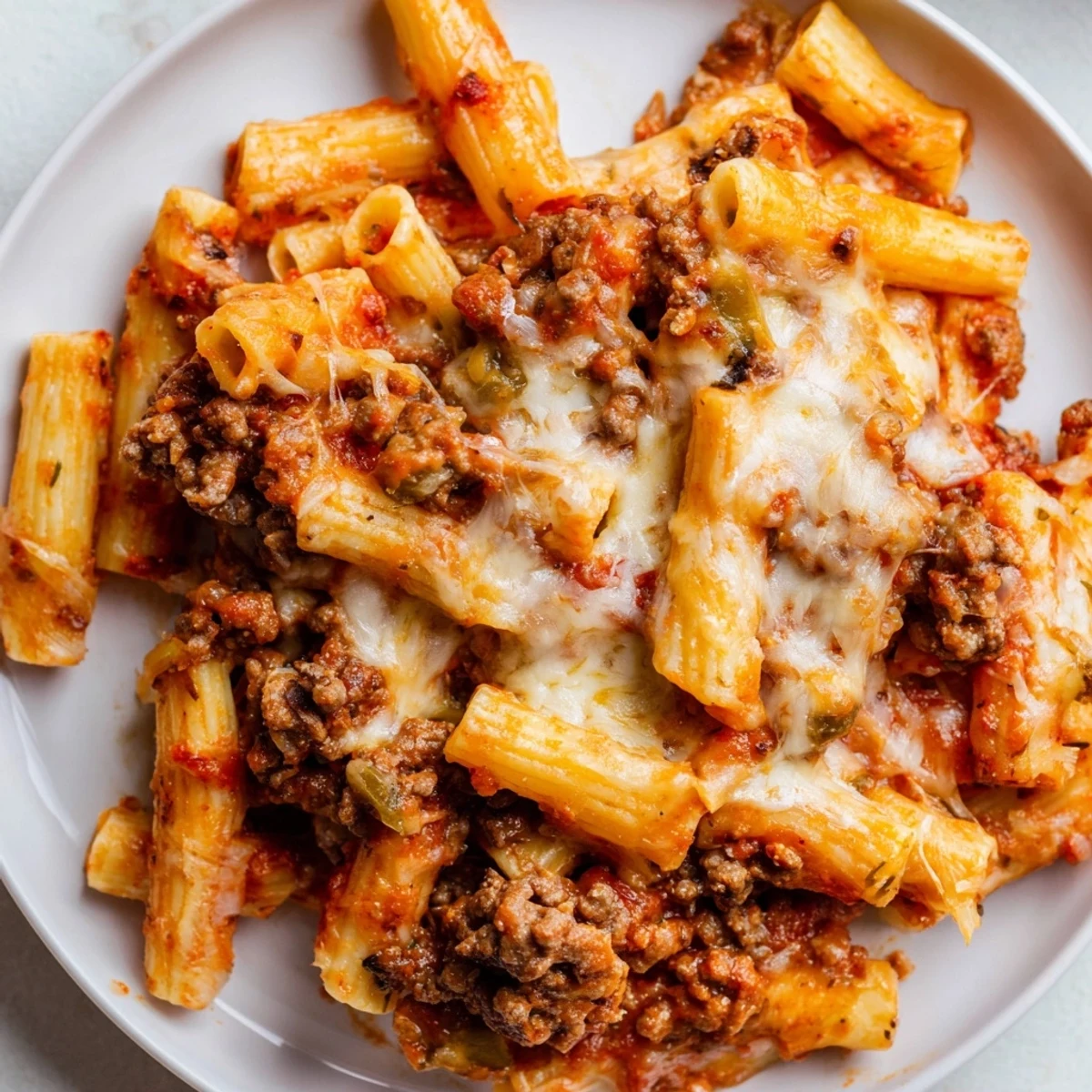 Hearty Cheesy Beef & Penne Bake topped with bubbling mozzarella, perfect for family meals.  