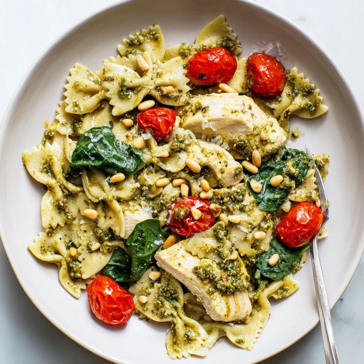 A delicious bowl of pesto chicken bowtie pasta with cherry tomatoes and baby spinach.  