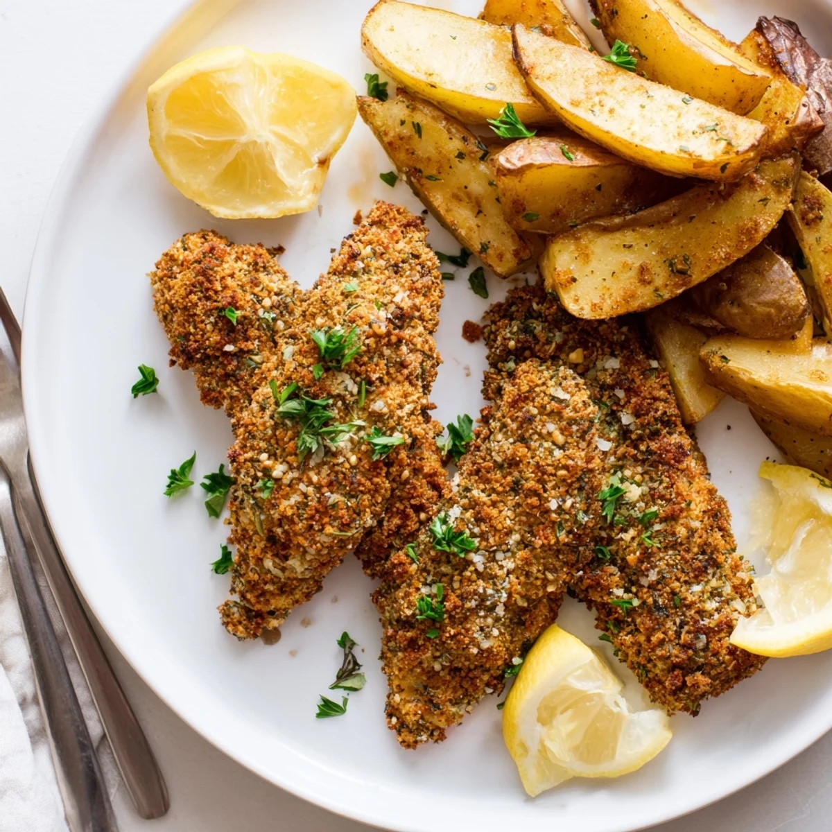 Golden-brown potato wedges paired with aromatic herbed chicken tenders for family feasting.  