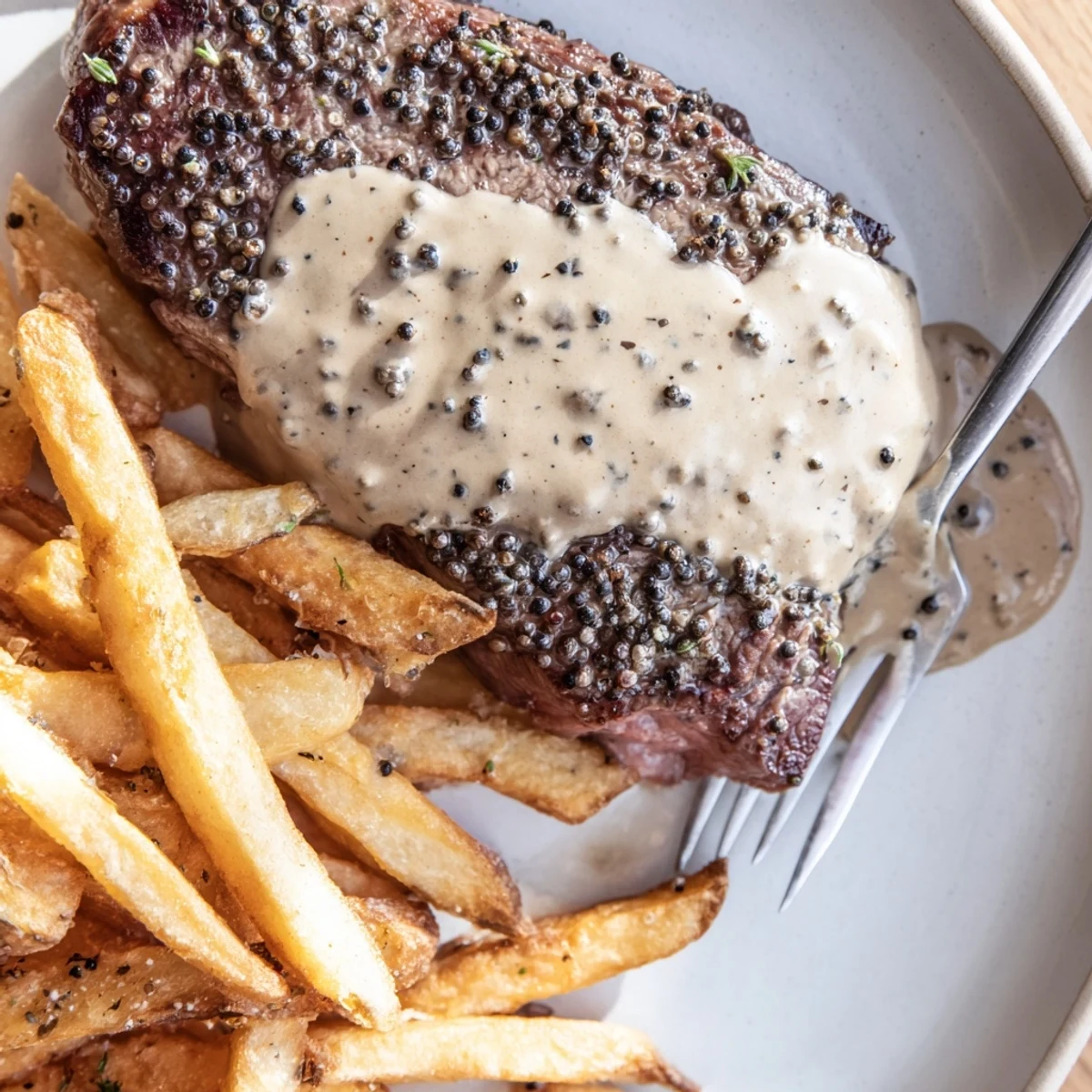 Classic Peppercorn Ribeye sizzling in a skillet, topped with a creamy peppercorn sauce.  