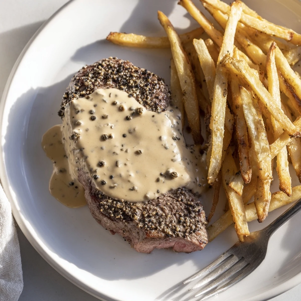 Succulent ribeye steaks coated in cracked peppercorns served with crispy golden fries.  