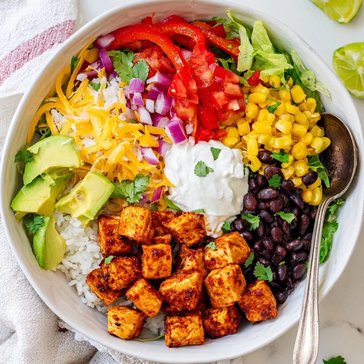 Delicious sheet pan chicken burrito bowls filled with colorful roasted veggies and spices.  
