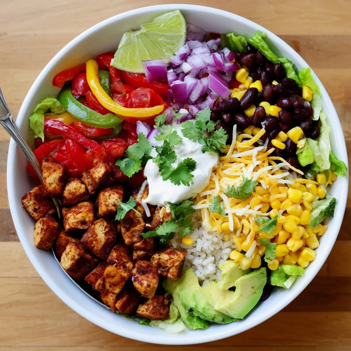 Savory sheet pan chicken burrito bowls topped with fresh avocado and zesty lime wedges.  