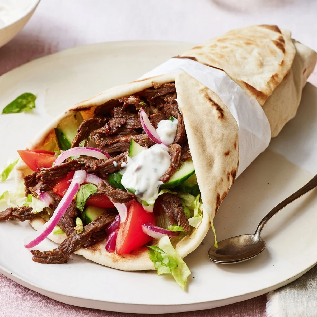 Tender beef shawarma wraps stuffed with fresh veggies and creamy yogurt sauce.  