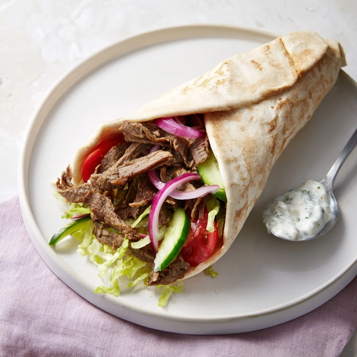 Delectable beef shawarma wraps, garnished with fresh herbs and tangy yogurt drizzle.