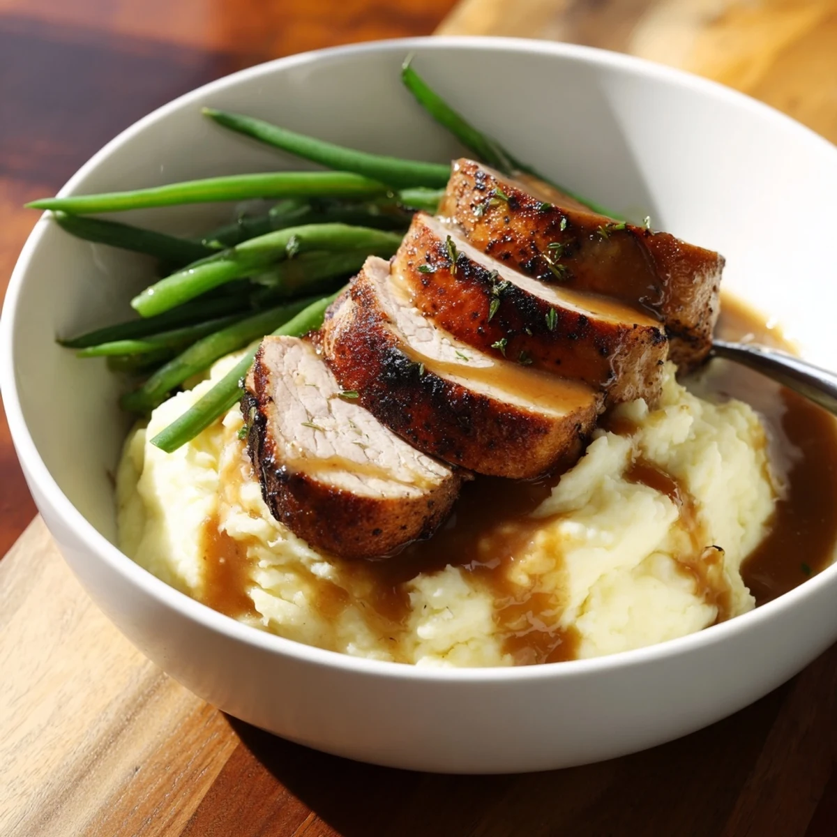 Juicy pork chops nestled on creamy cheddar mashed potatoes, drizzled with savory gravy.  