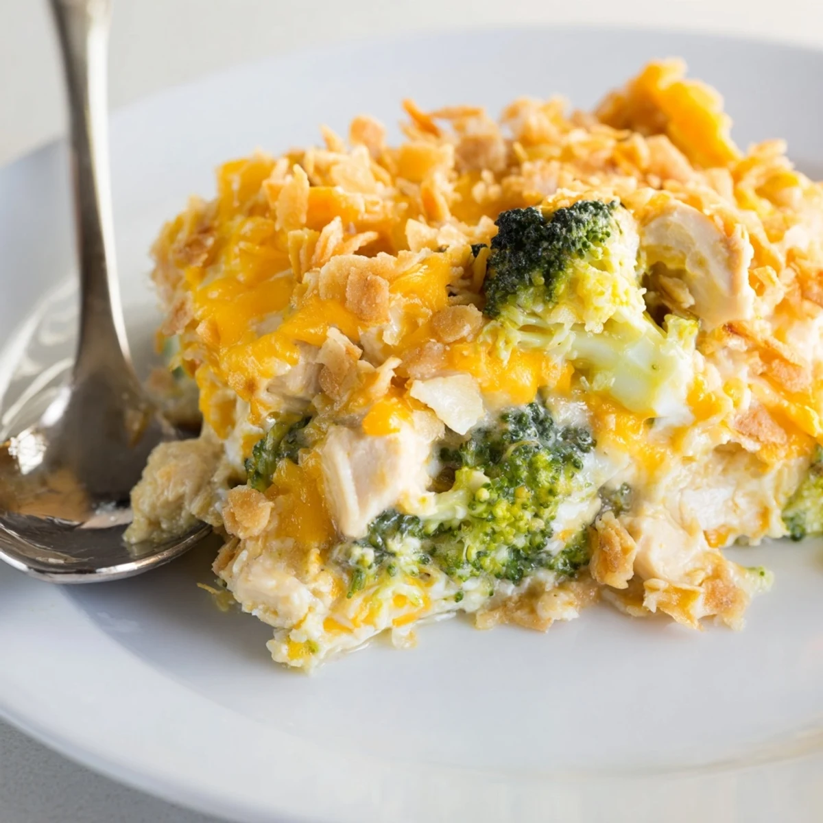 Creamy Chicken & Broccoli Cheddar Bake topped with golden panko and cheese   