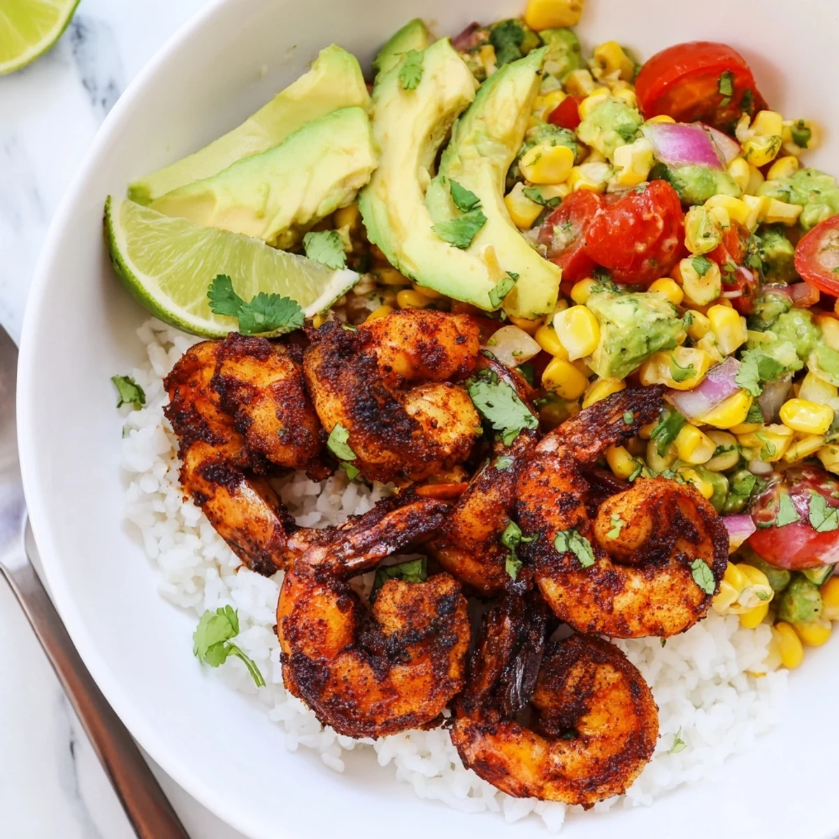 Spicy blackened shrimp bowl topped with creamy avocado corn salsa and fluffy rice.