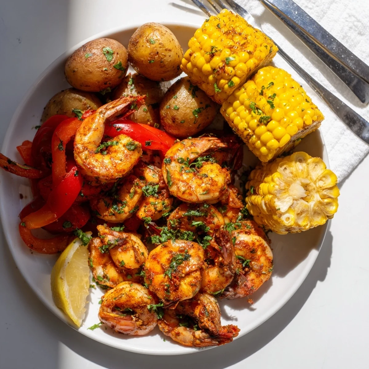 Spicy Cajun shrimp and sweet corn platter bursting with vibrant summer flavors.  
