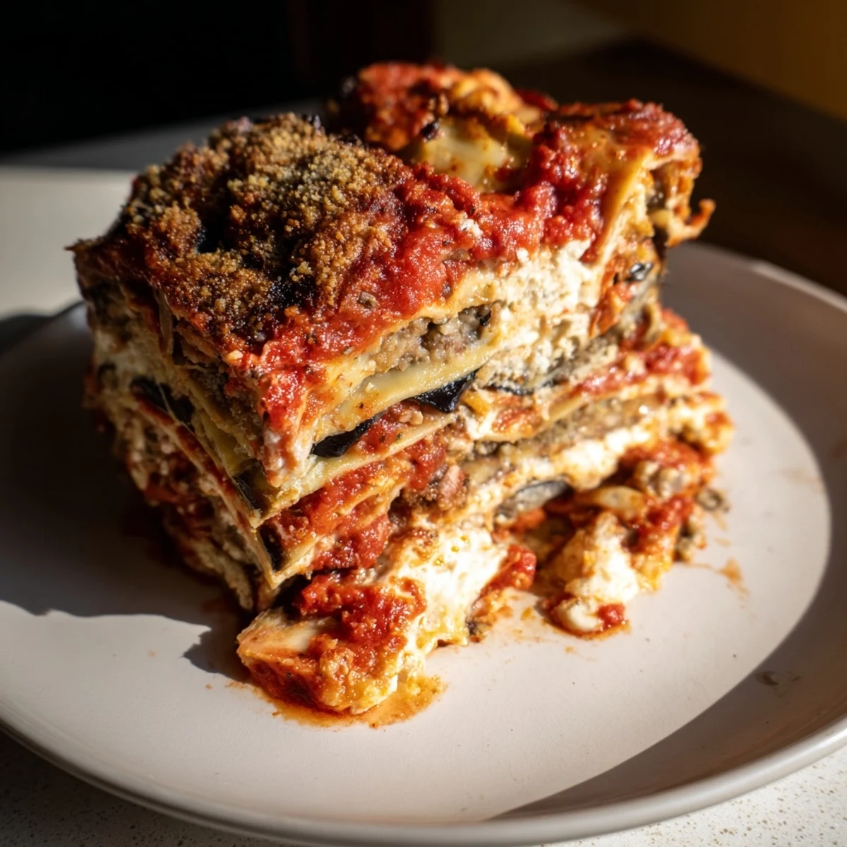 This close-up shows the bubbly, cheesy top of a delicious Eggplant Parmesan Lasagna hot from the oven.