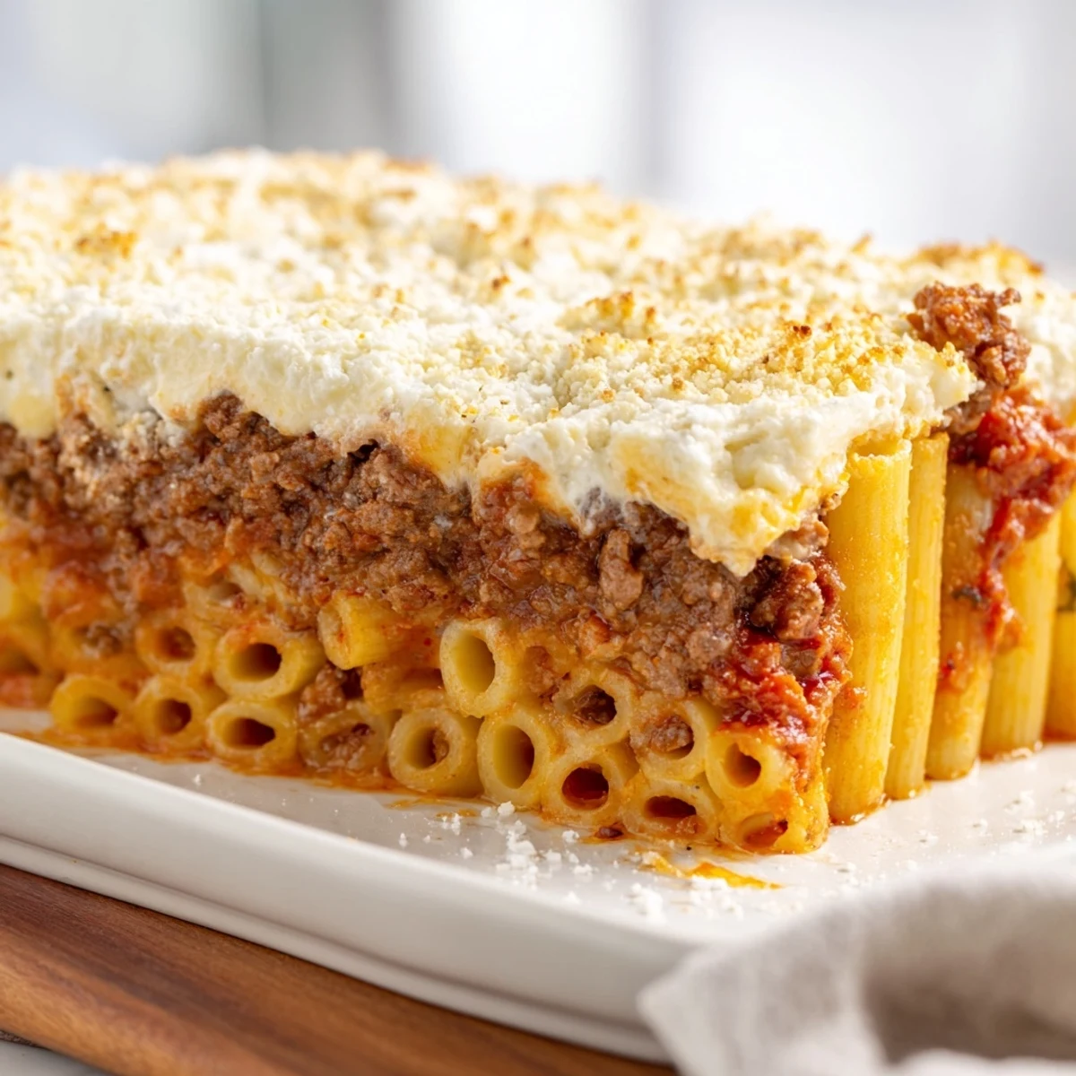 Golden-brown Greek Pastitsio, a comforting casserole layered with pasta and creamy béchamel.
