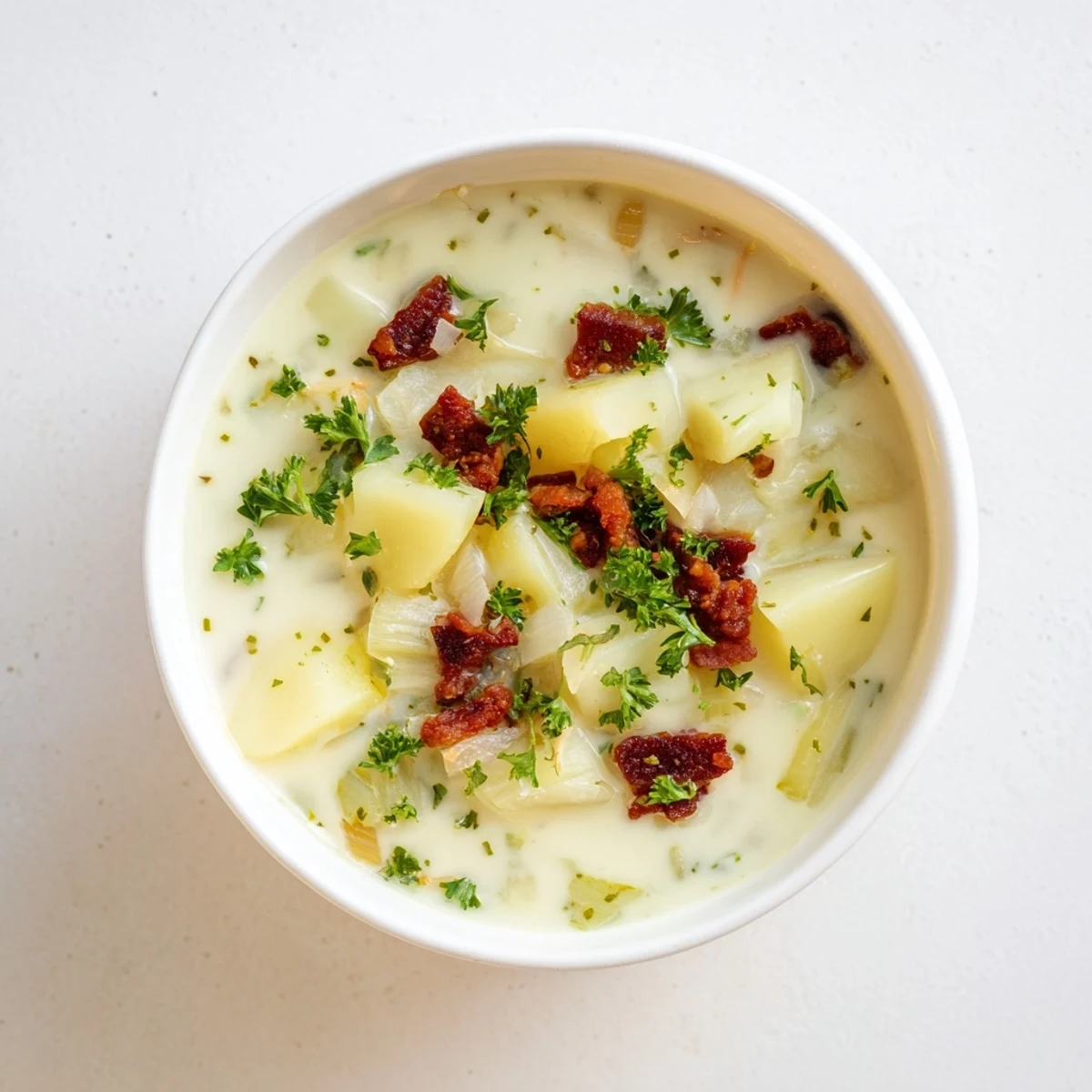 Chunks of chorizo and potatoes swim in a flavorful Potato, Leek & Chorizo Soup, ready to enjoy.