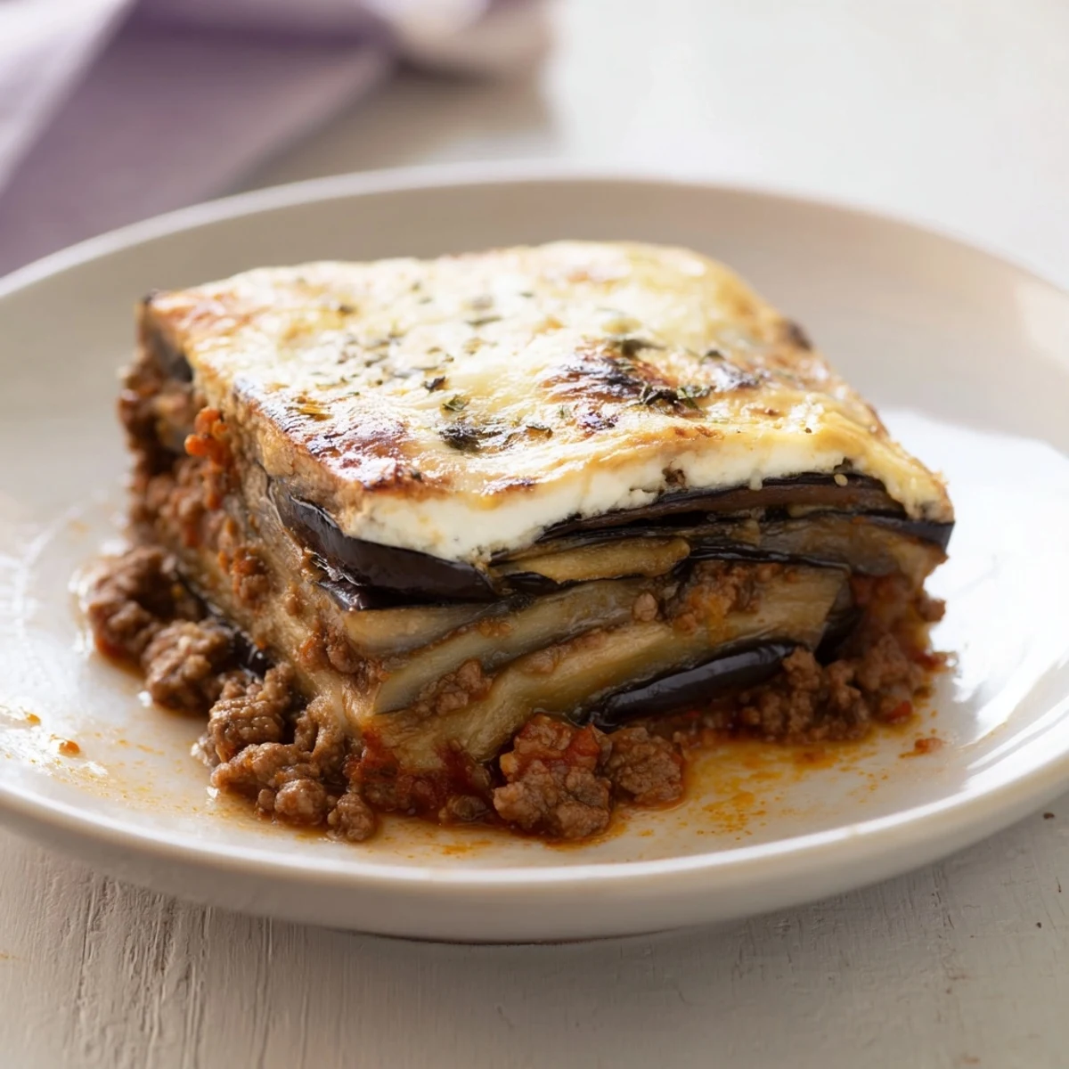 Close-up of a serving of moussaka, revealing tender eggplant under a rich, creamy sauce.
