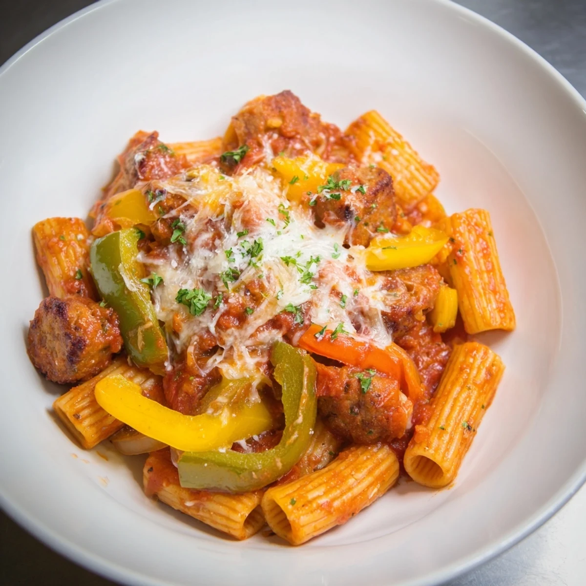 Steaming baked rigatoni with sausage & peppers, a bubbling casserole topped with browned mozzarella and Parmesan cheese.