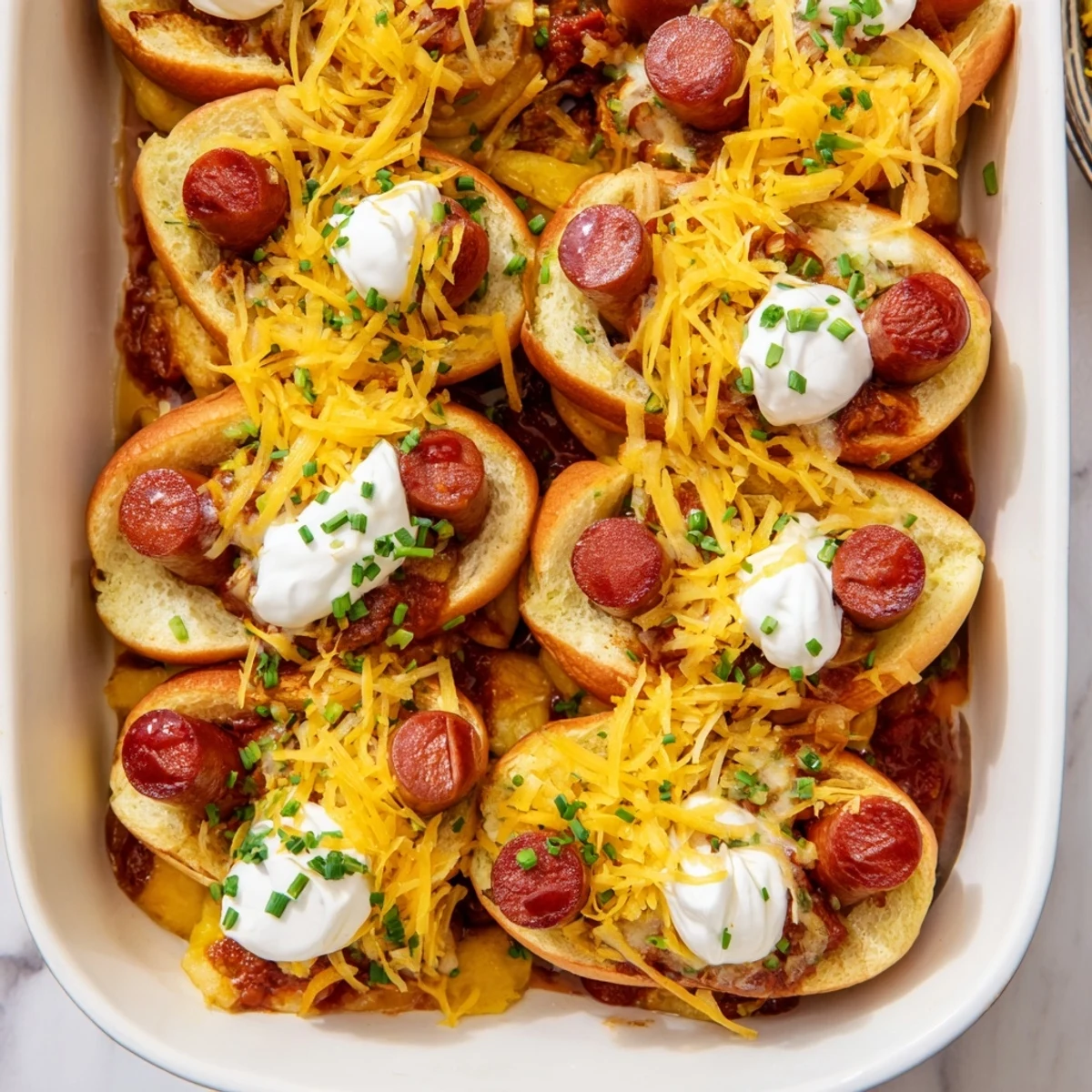 Golden, bubbly Chili Dog Casserole topped with melty cheese, perfect for a satisfying dinner.