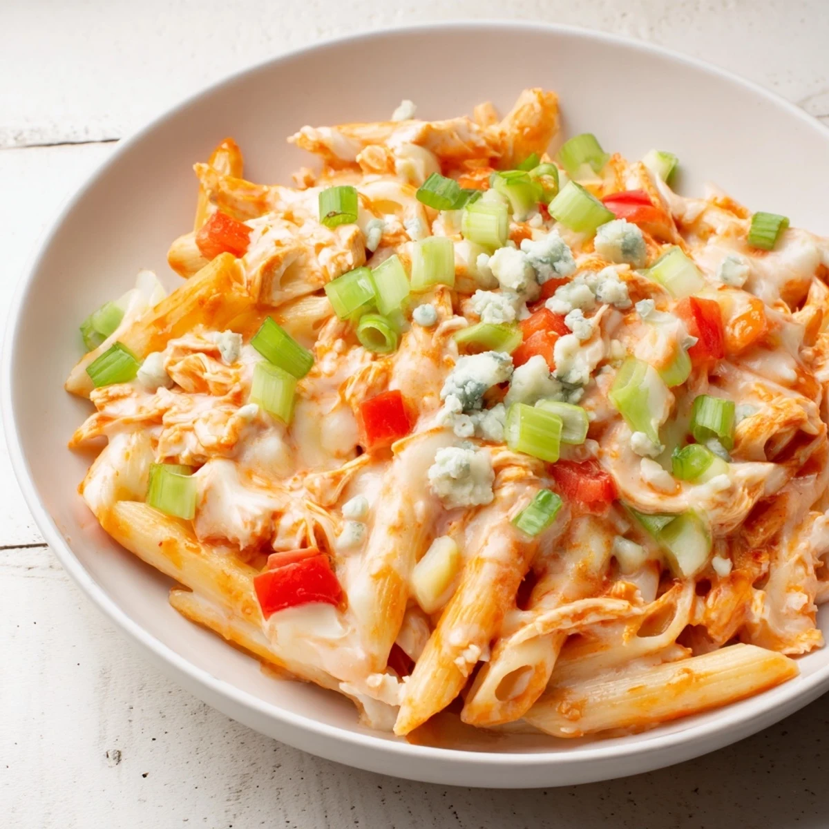 Creamy Buffalo Chicken Pasta Skillet in a skillet, topped with green onions, ready to serve and enjoy.