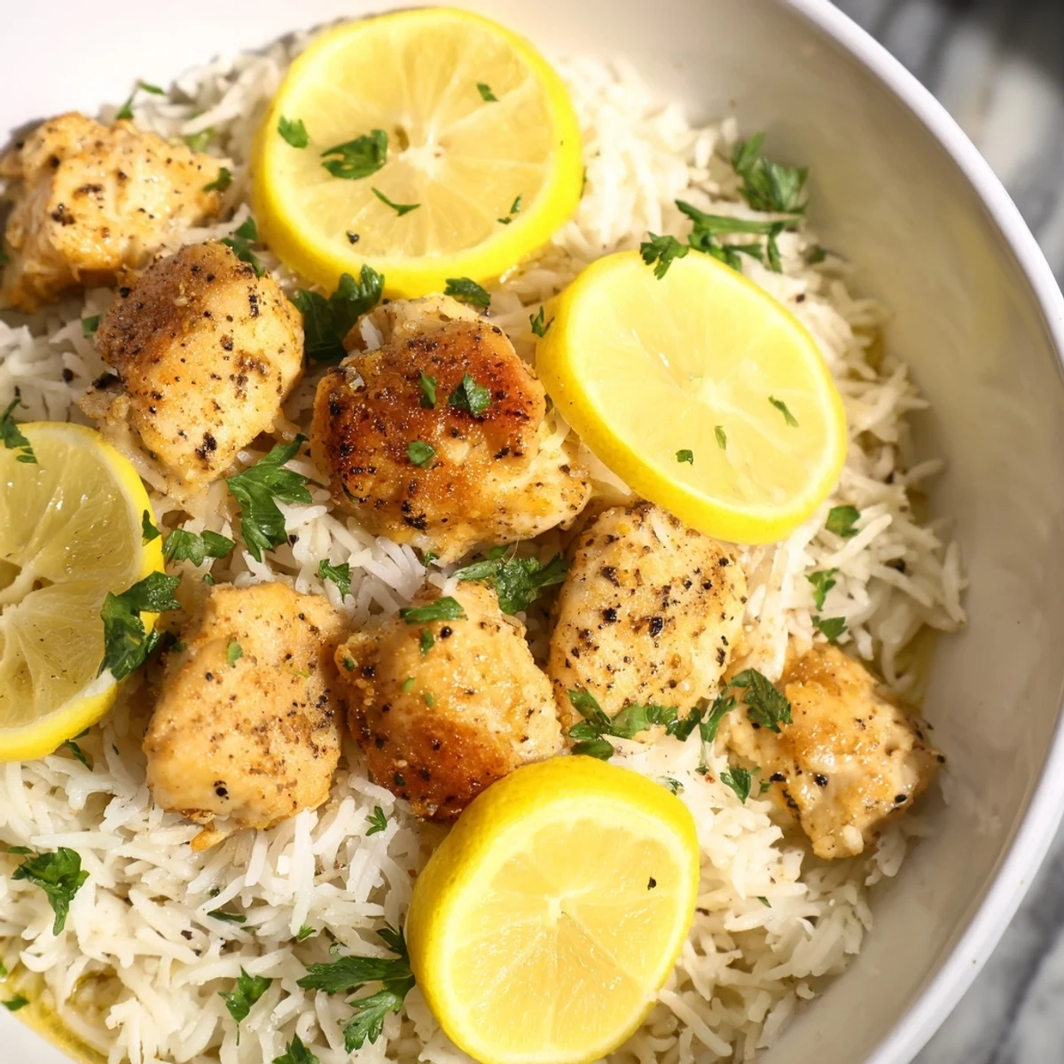 Golden, juicy Lemon Pepper Chicken served atop fluffy rice, garnished with fresh parsley for a delightful meal.