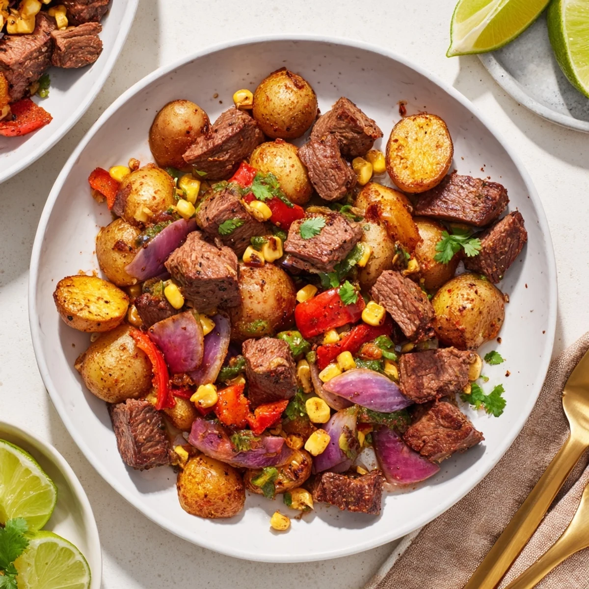 Steaming Southwest Steak & Potato Skillet with tender steak and colorful vegetables piled high.