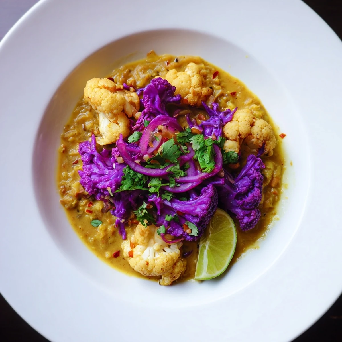 This creamy Red Cabbage, Cauliflower & Coconut Dhal features tender vegetables in a spiced coconut broth.