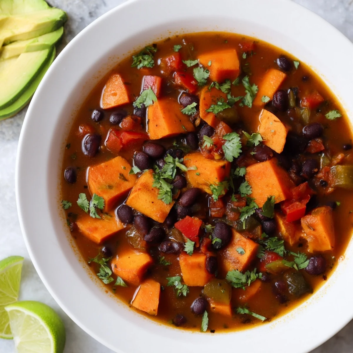 Steaming bowl of Sweet Potato & Black Bean Chili, garnished with fresh cilantro and ready to eat.