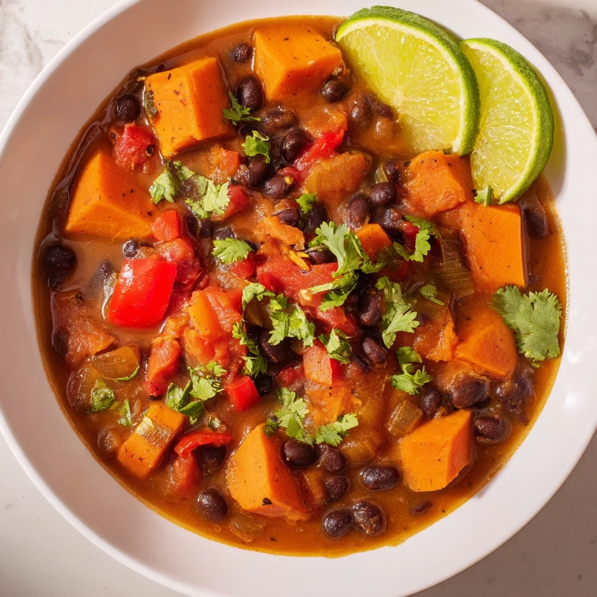 Close-up shot showing the rich, savory texture of homemade Sweet Potato & Black Bean Chili.