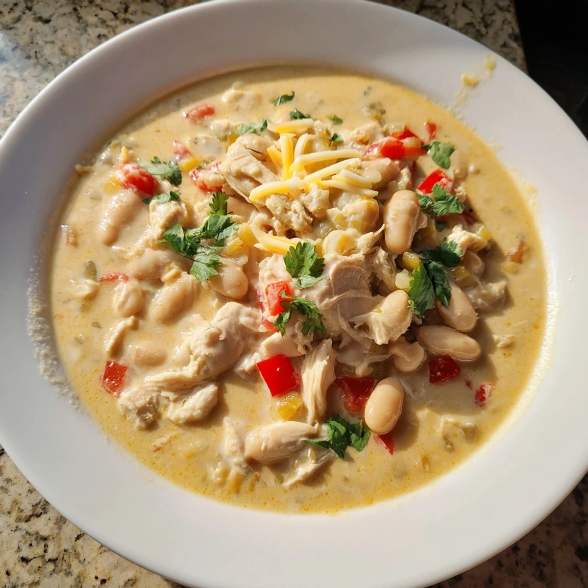A hearty bowl of Creamy White Chicken Chili featuring tender chicken and warm spices, ready to eat.