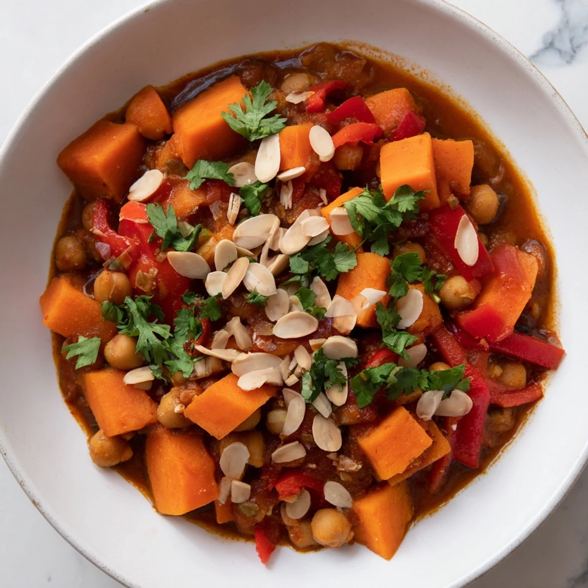 Close-up of a vibrant Moroccan Chickpea & Sweet Potato Tagine, showcasing tender sweet potatoes and chickpeas.