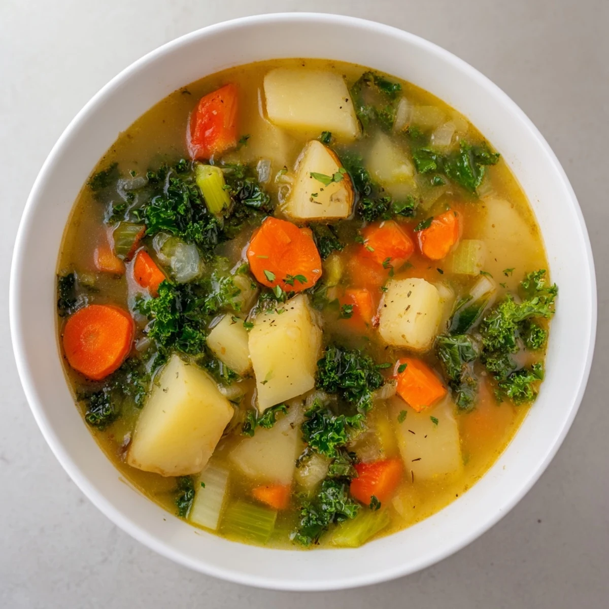 Steaming hot Vegetarian Potato-Kale Soup, garnished with fresh herbs and ready to be served.