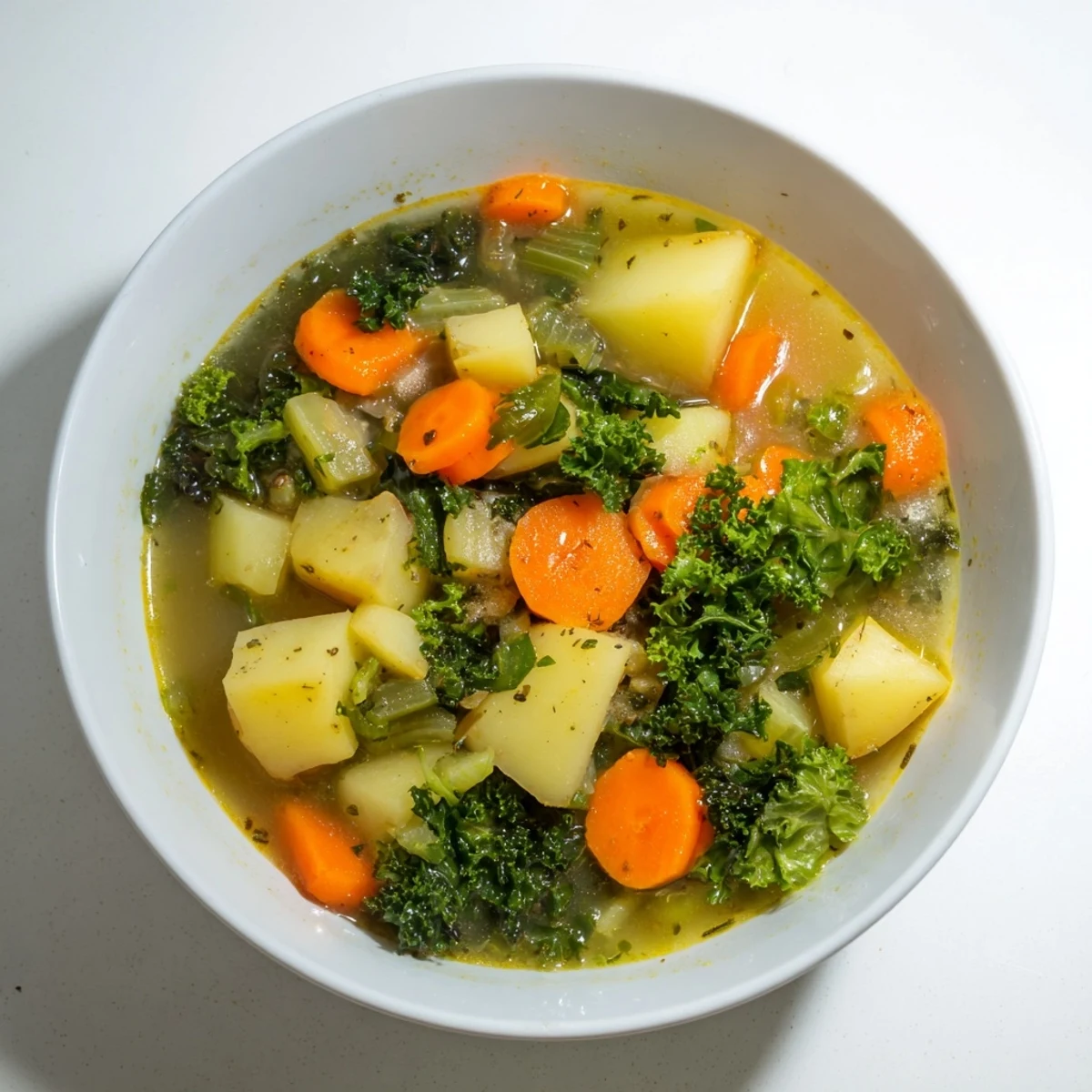 A close-up shot of a rustic bowl filled with creamy Vegetarian Potato-Kale Soup.