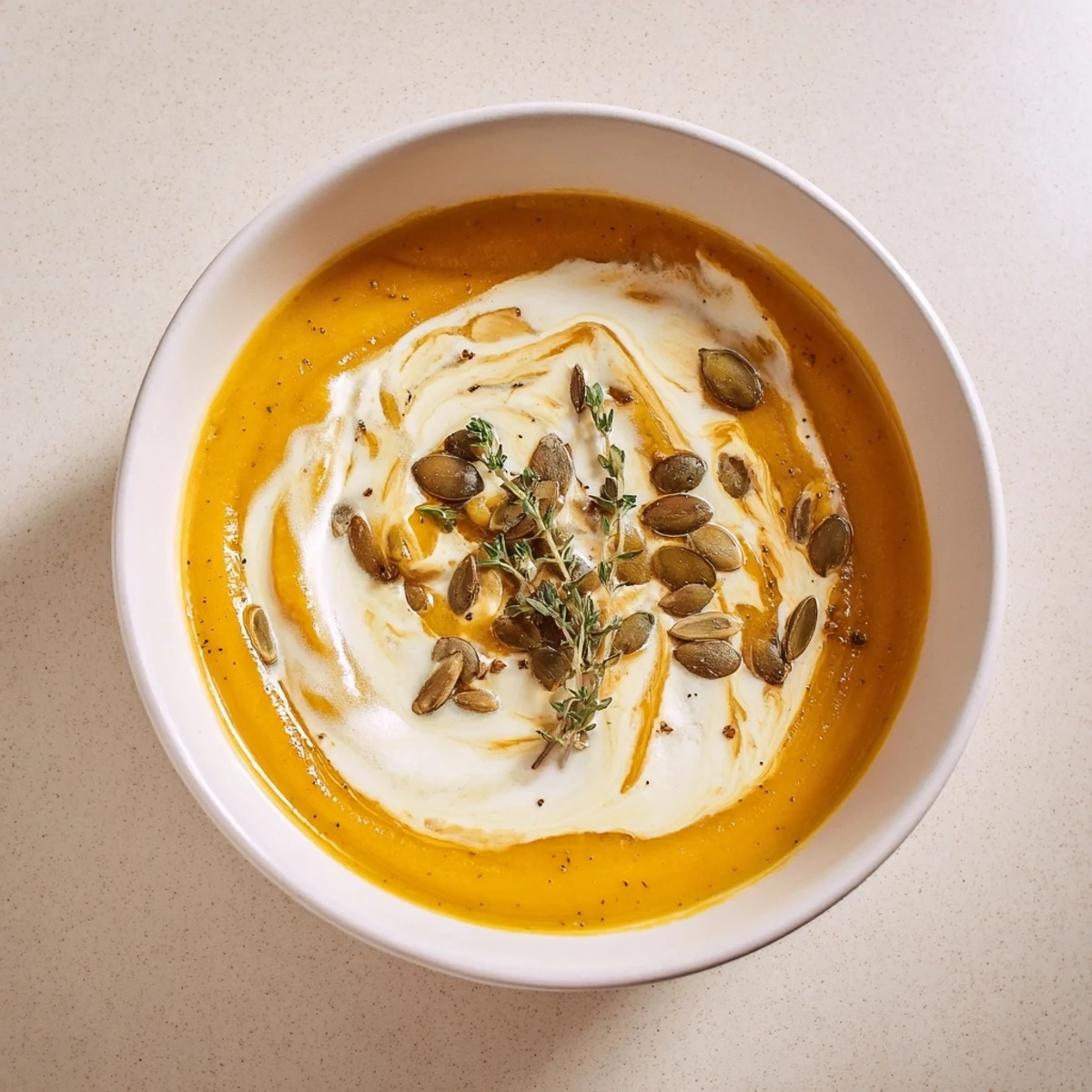 Golden bowl of creamy roasted acorn squash soup, smelling of thyme and roasting vegetables.