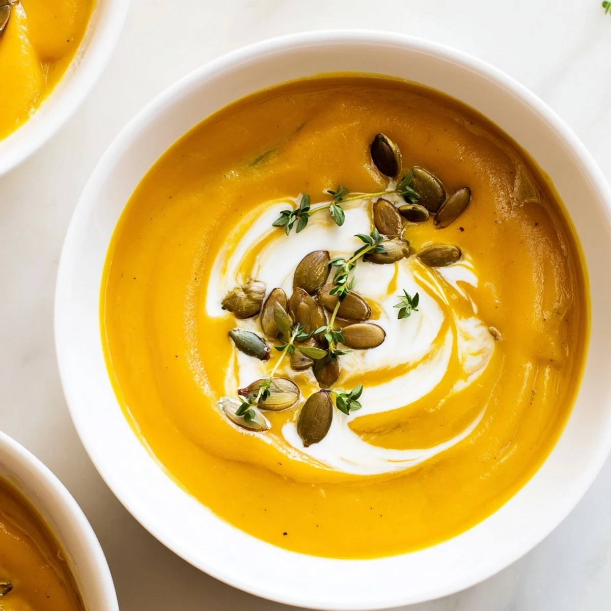 A rich and flavorful bowl of creamy roasted acorn squash soup, garnished with pumpkin seeds.