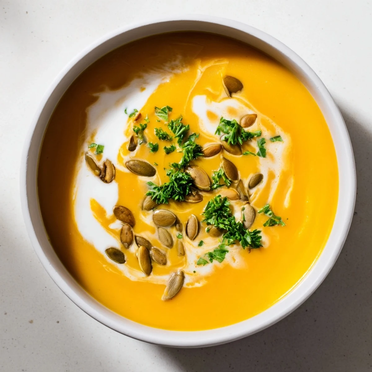 Creamy butternut squash and pear soup, vibrant orange, garnished and ready to serve on a cool evening.