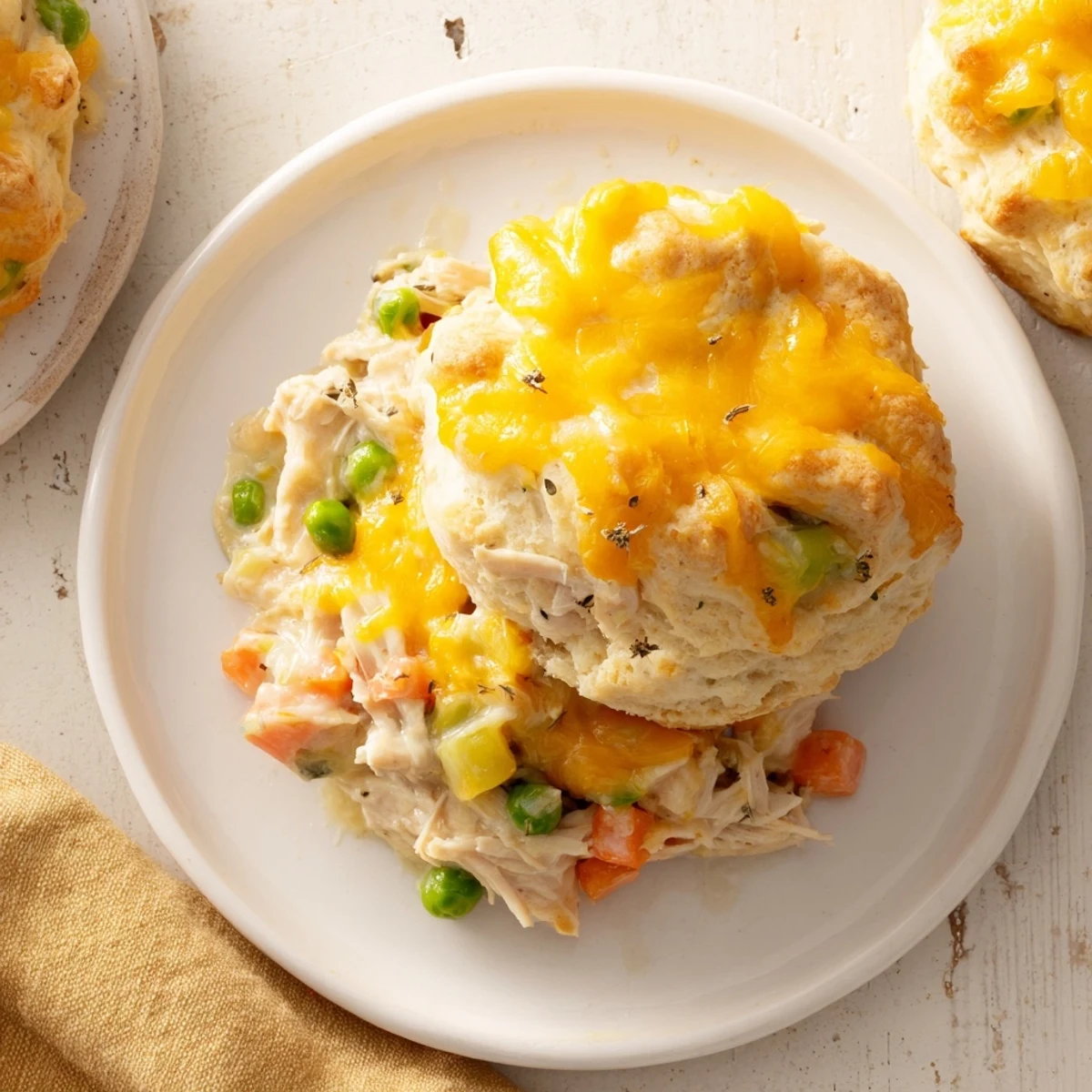 Warm and hearty One-Pan Chicken Cobbler, ideal for a family dinner with a flaky biscuit crust.
