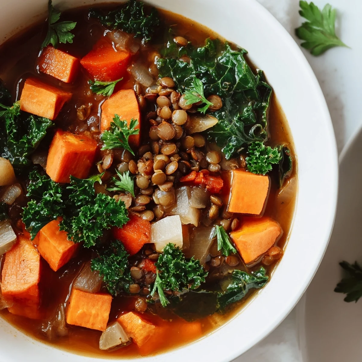 A close-up view of hearty Winter Vegetable & Lentil Soup, ready to be served with crusty bread.