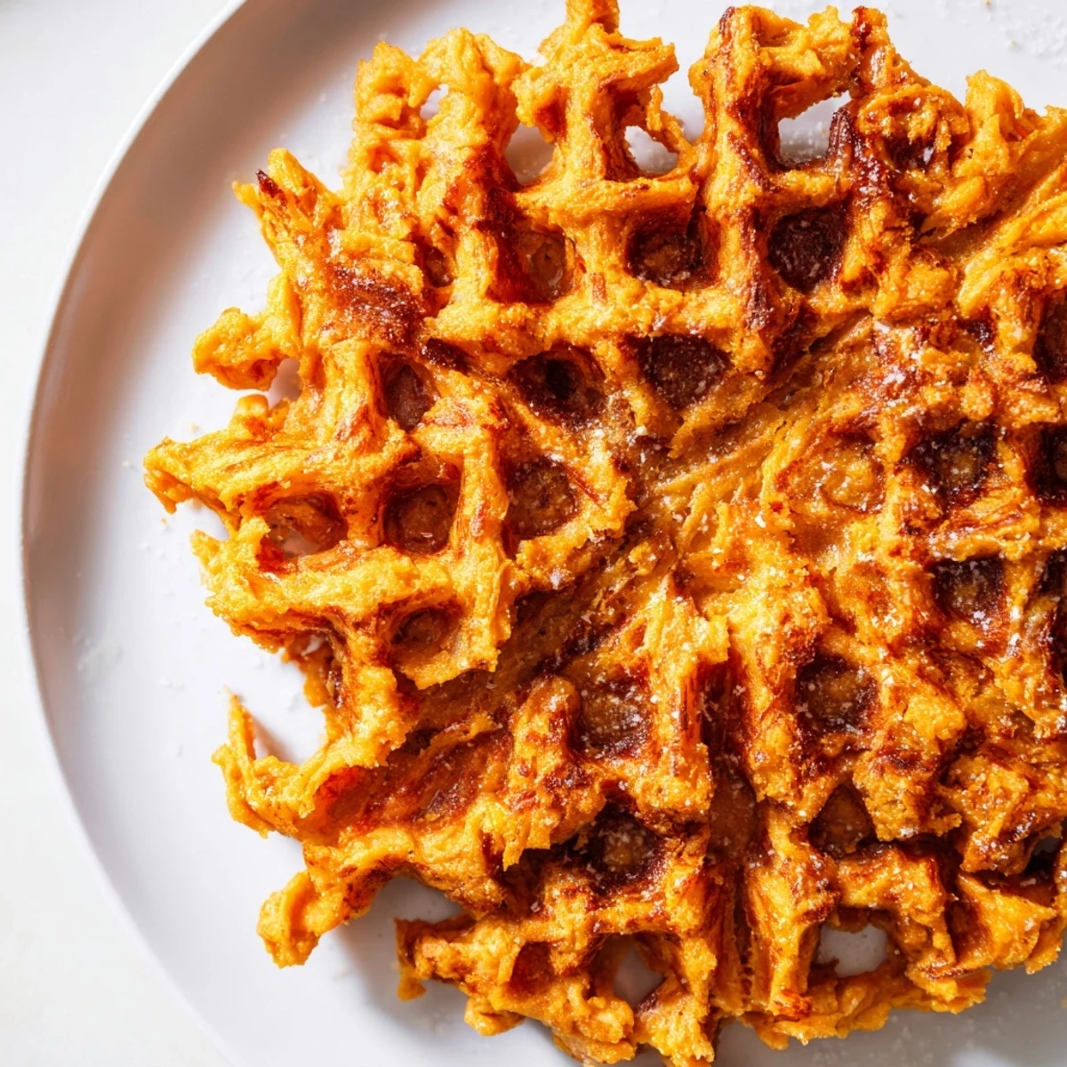 Golden-brown sweet potato waffles, crispy and ready for syrup, a delicious breakfast.