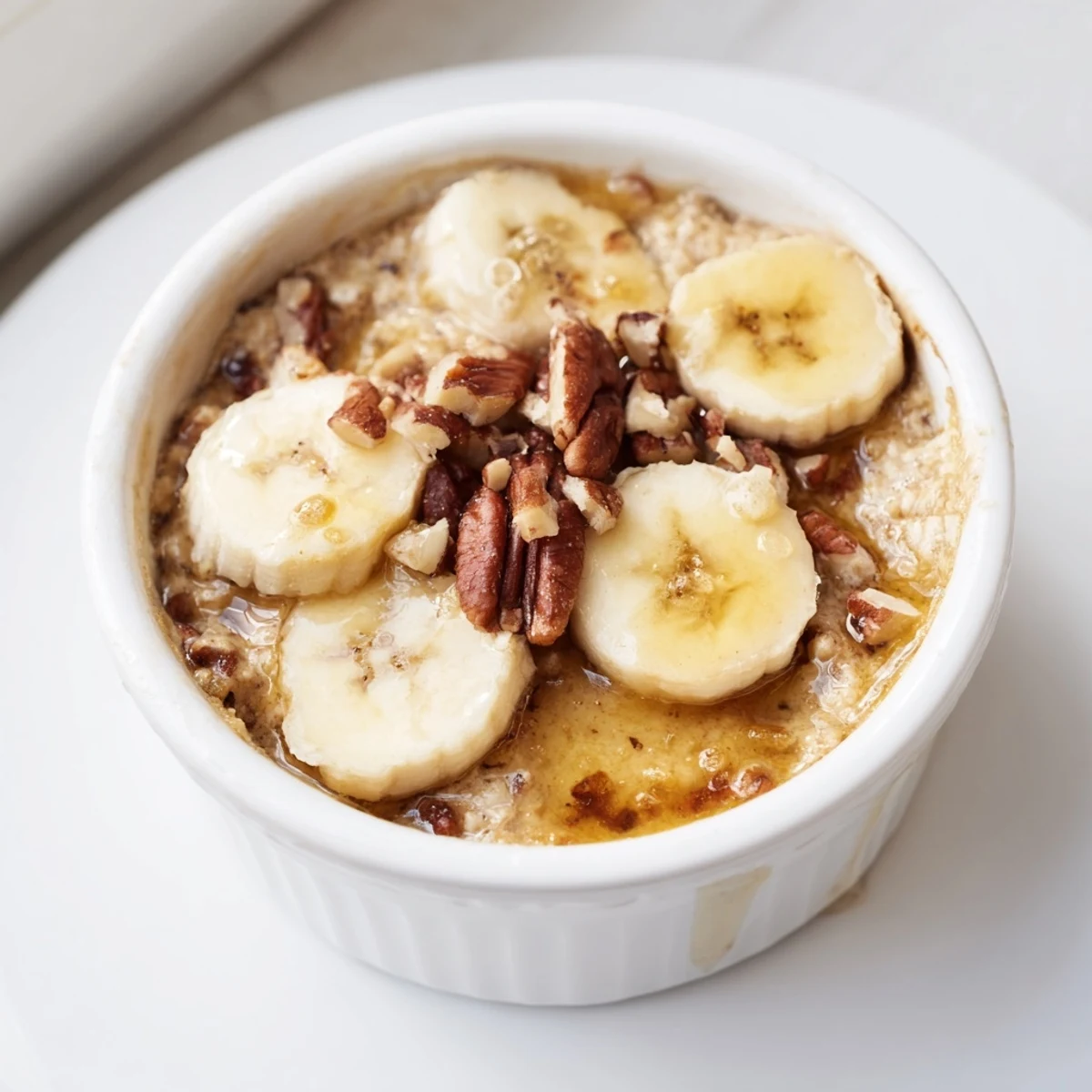 Golden-brown Baked Oats Ramekins with Banana and honey, ready to eat, a perfect breakfast.